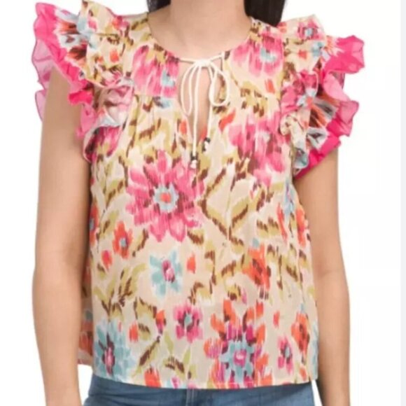 House of Harlow 1960 Flutter Sleeve Tie Neck Top Pink Multi Print Size Small - Picture 1 of 7